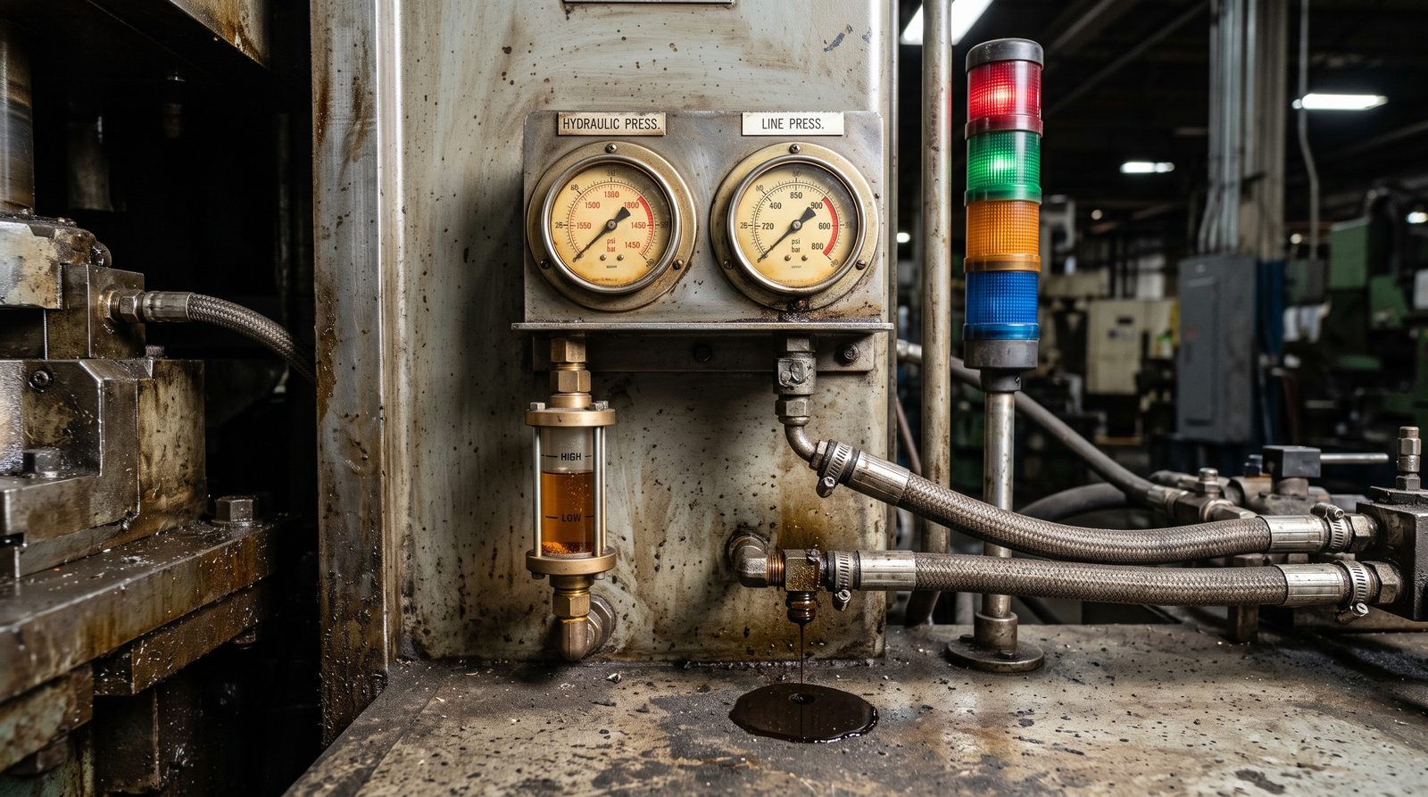 The side of an older hydraulic press: two analog pressure gauges, an oil sight glass, a stack light and a drip of oil on the floor below a fitting
