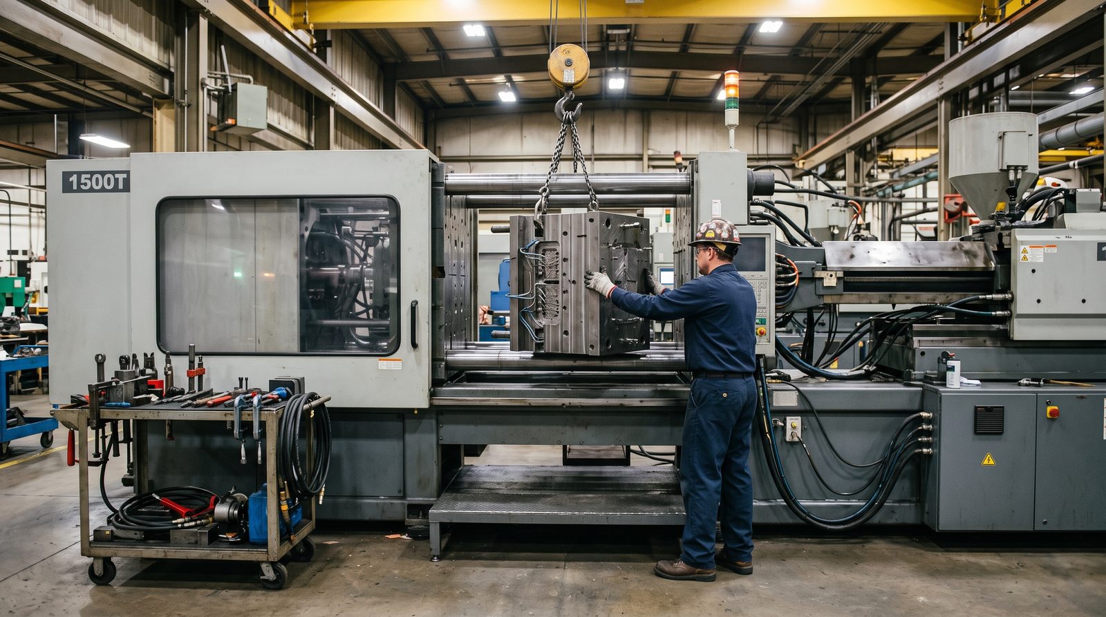 A setter guides a steel mold hanging from an overhead crane into an injection molding press, with a tooling cart of clamps and hoses beside the machine