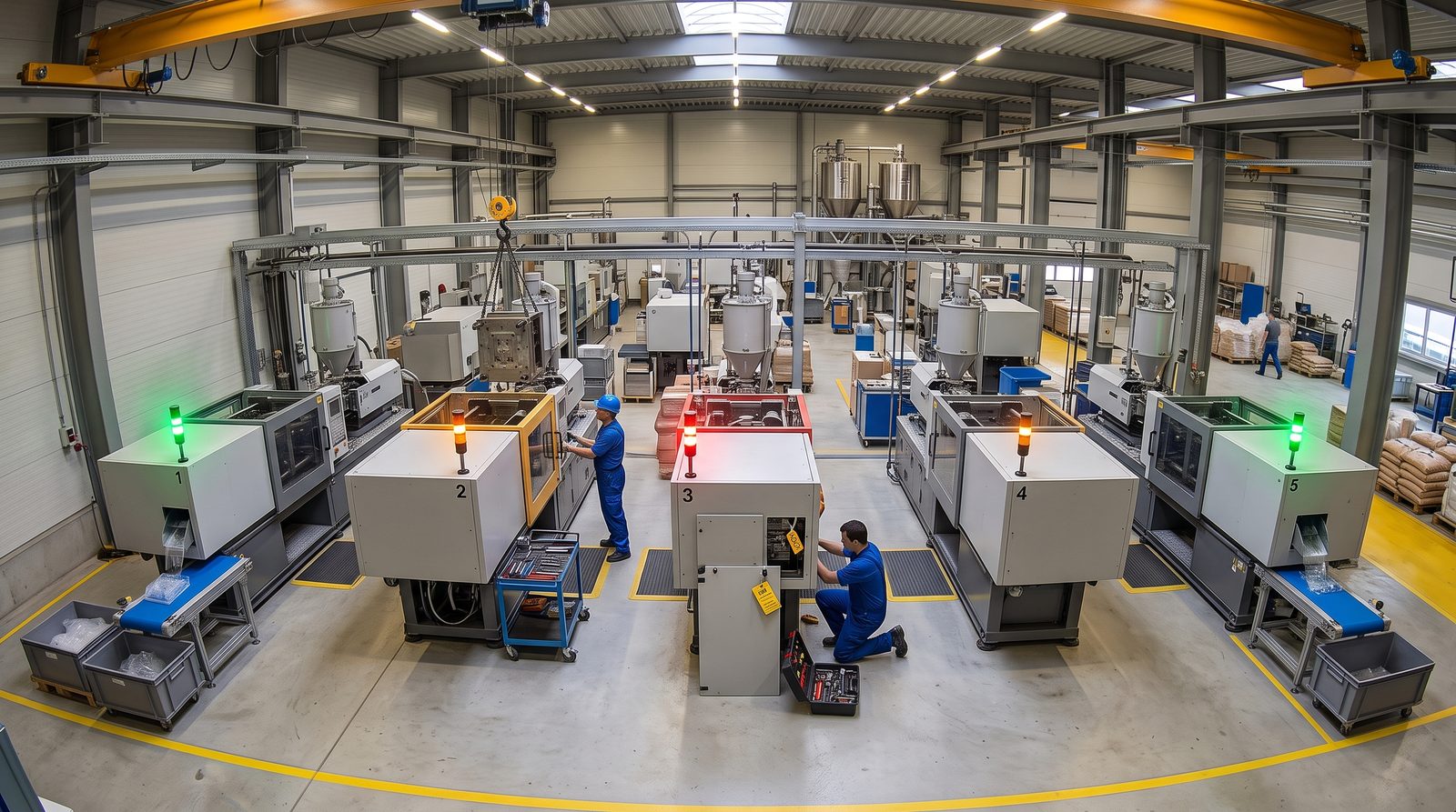 A camera view of five injection molding presses in a row: two running, one in a mold change with the mold on a crane, one under maintenance with a lockout tag, one idle with nobody at it
