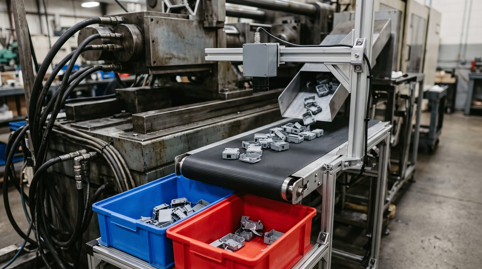 The outfeed of an injection molding press: parts drop onto a short conveyor under a camera mounted on a bracket, into a blue bin for good parts and a red bin for rejects
