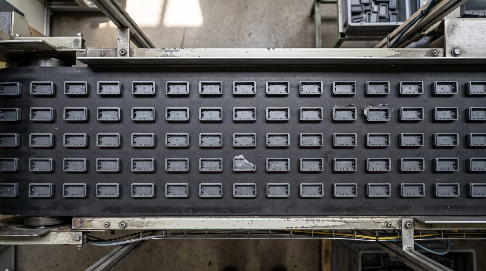 Rows of molded plastic parts on a conveyor seen from directly above; two parts have ragged flash along an edge and one is missing a corner