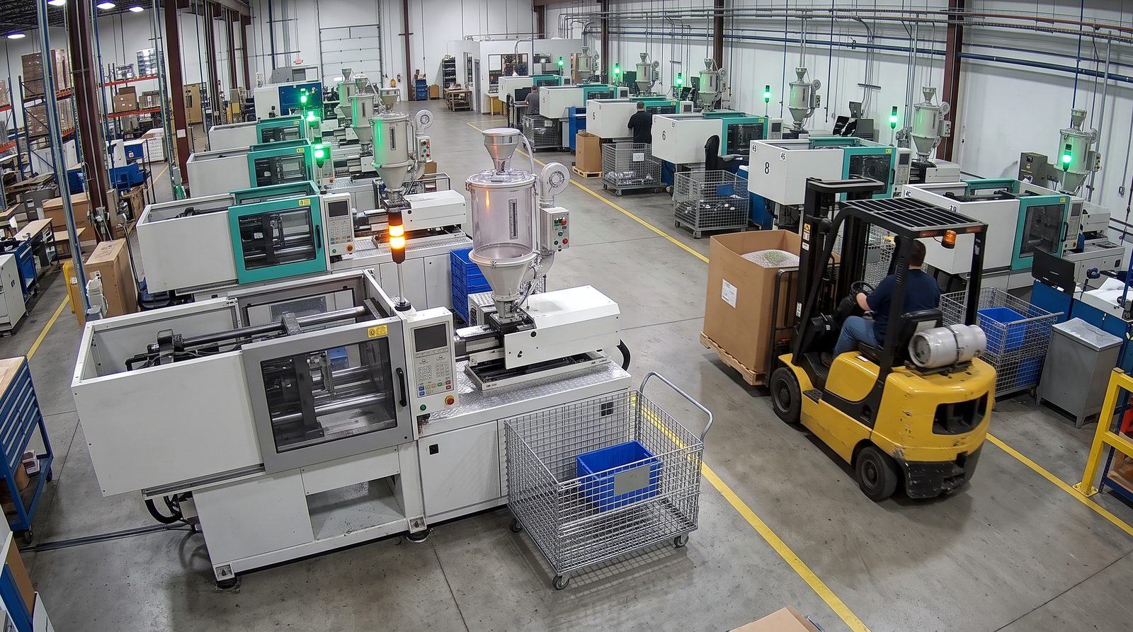 A stopped injection molding press with an amber stack light, an empty parts cart beside it and nobody at the station, while a forklift brings a box of resin pellets down the aisle