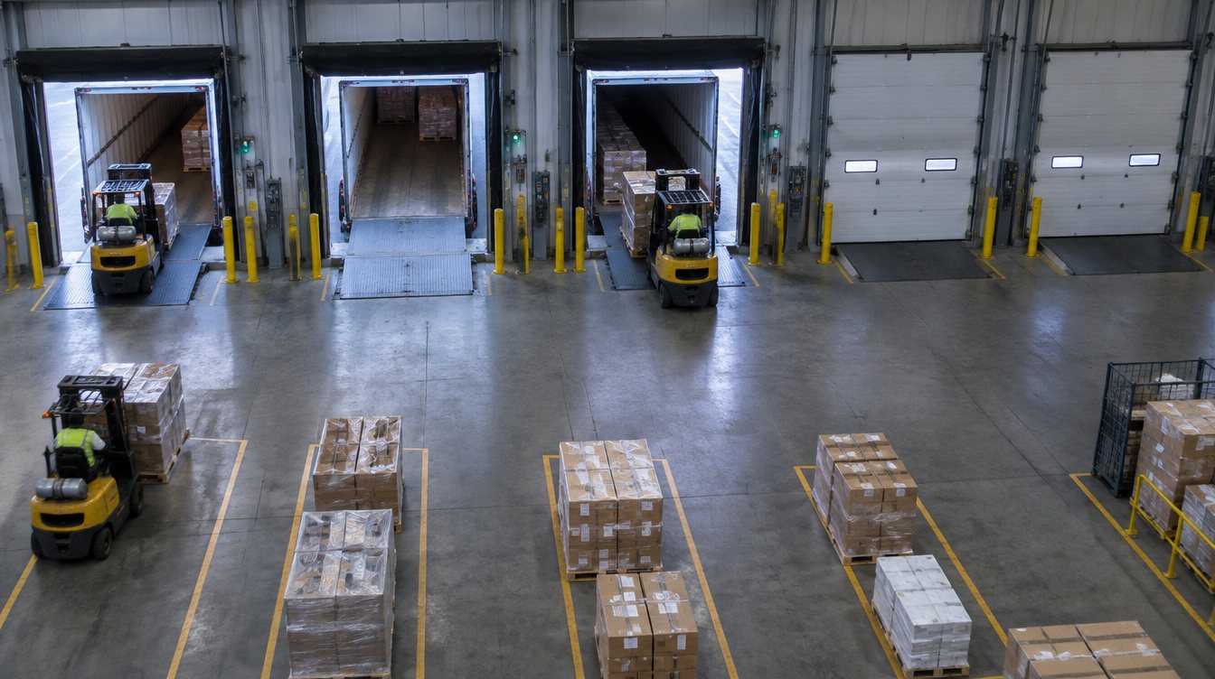 Illustration of a five-door loading dock with forklifts and staged pallets