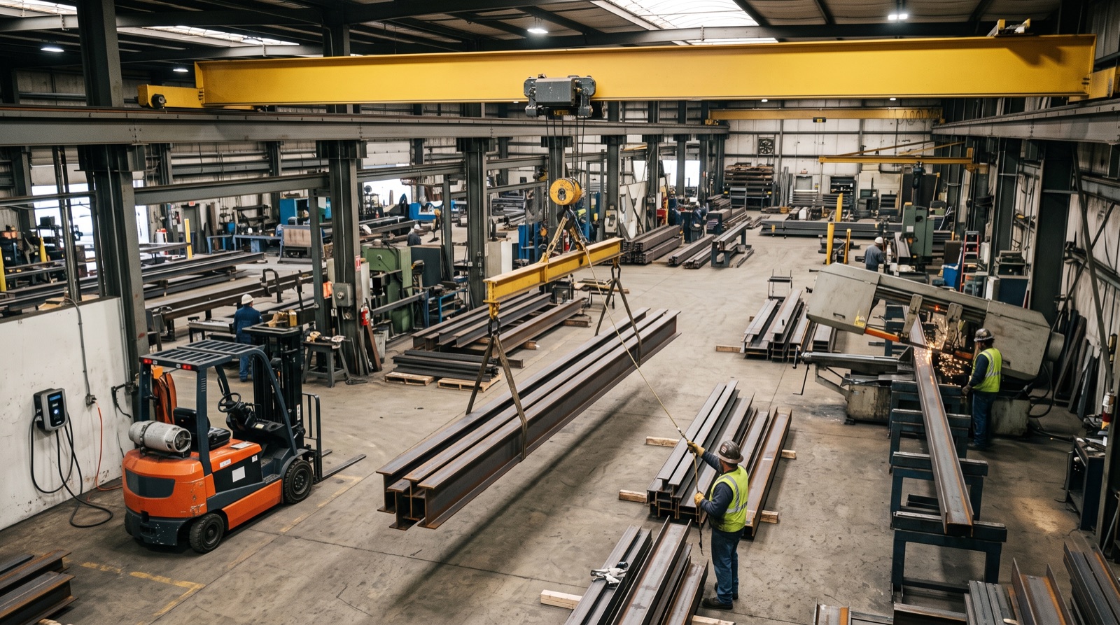 A structural steel bay: an overhead crane lifting beams, a forklift parked at its charger, and an operator at a band saw