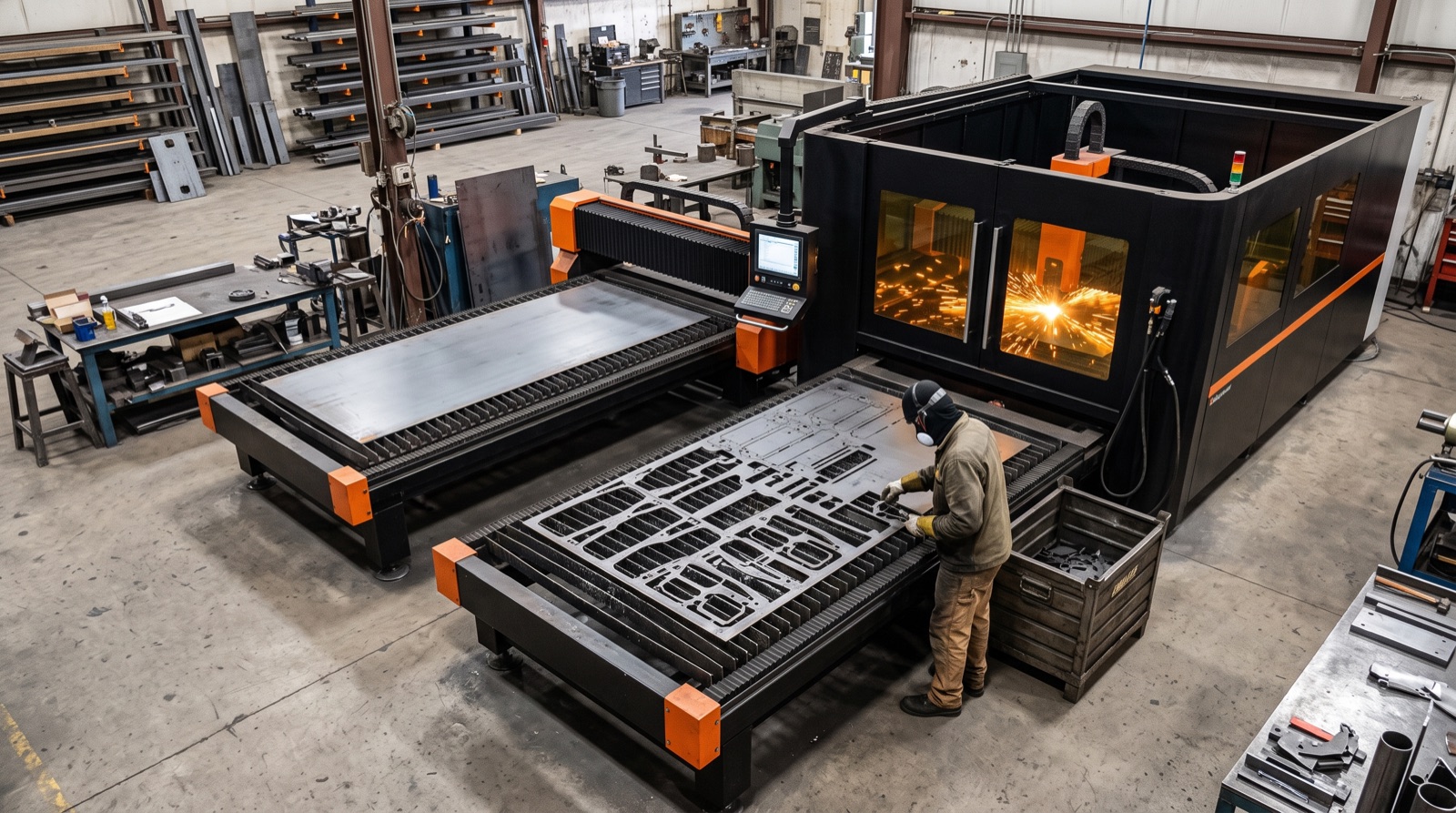 A fiber laser cutter with a cut sheet on the shuttle table and an operator picking parts into a bin while the next sheet waits