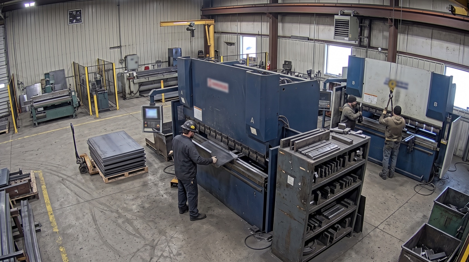 Two press brakes: an operator bending a part at brake A while two people change tooling at brake B