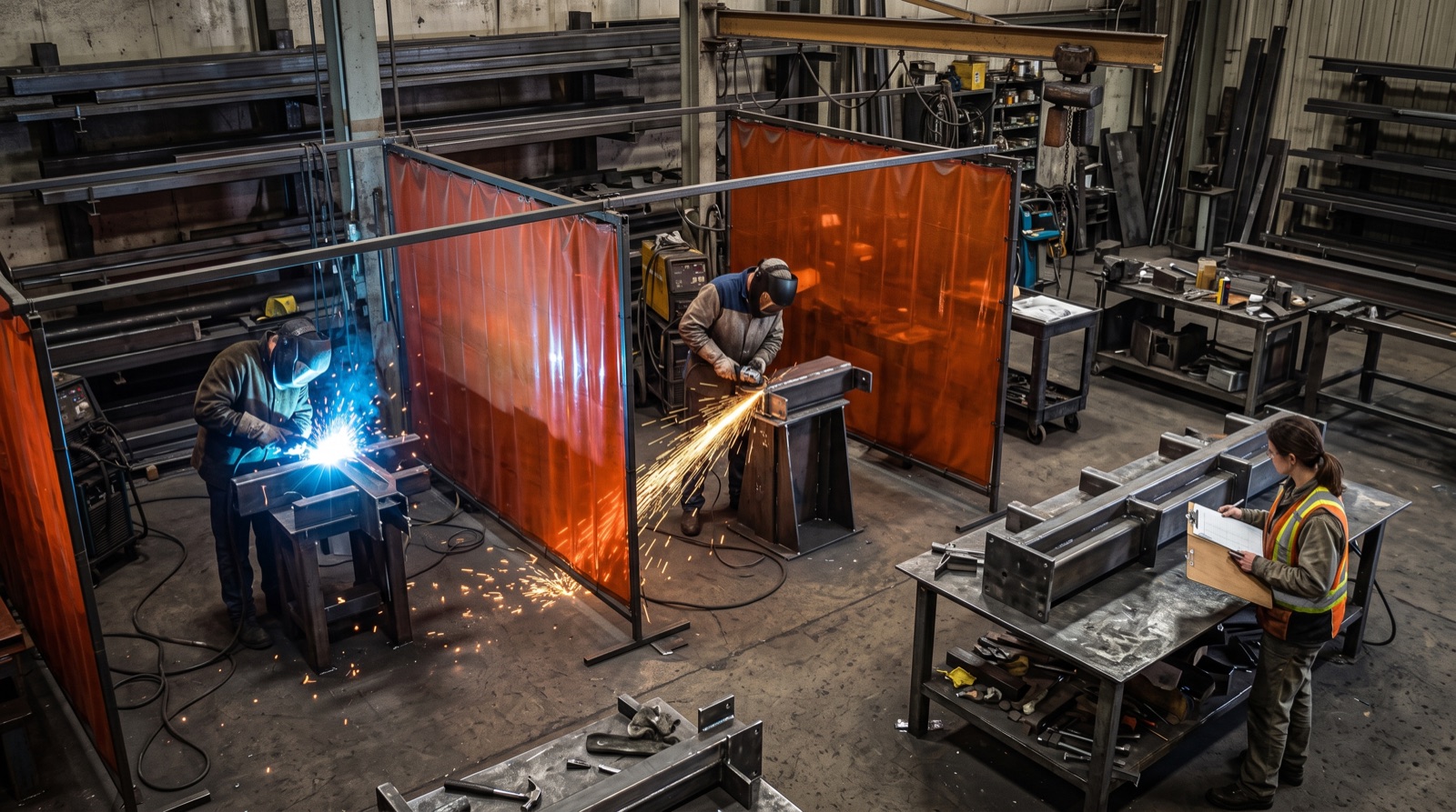A weld bay: one welder welding a frame, one grinding behind a welding curtain, and an inspector at a finished assembly