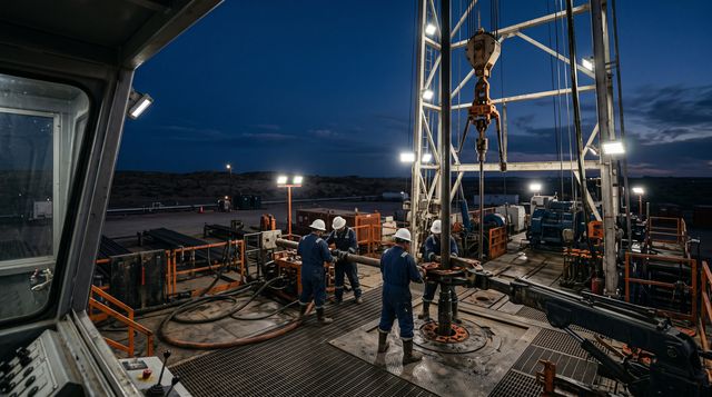 Crew at the rotary table on a drill floor at dusk
