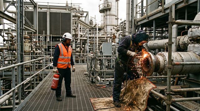 A welder doing hot work with a fire watch standing by