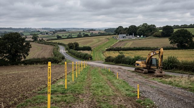 A pipeline right-of-way with an excavator parked nearby