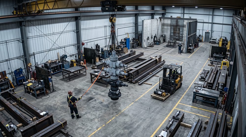 Fabrication shop floor with an overhead crane lifting a blowout preventer
