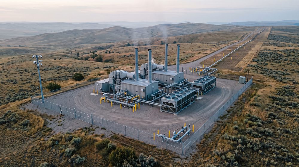 Natural gas compressor station with a pipeline right-of-way running across hills