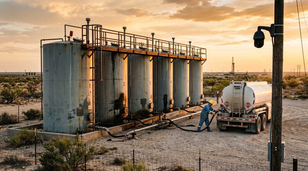 Tank battery with a crude haul truck loading at sunset