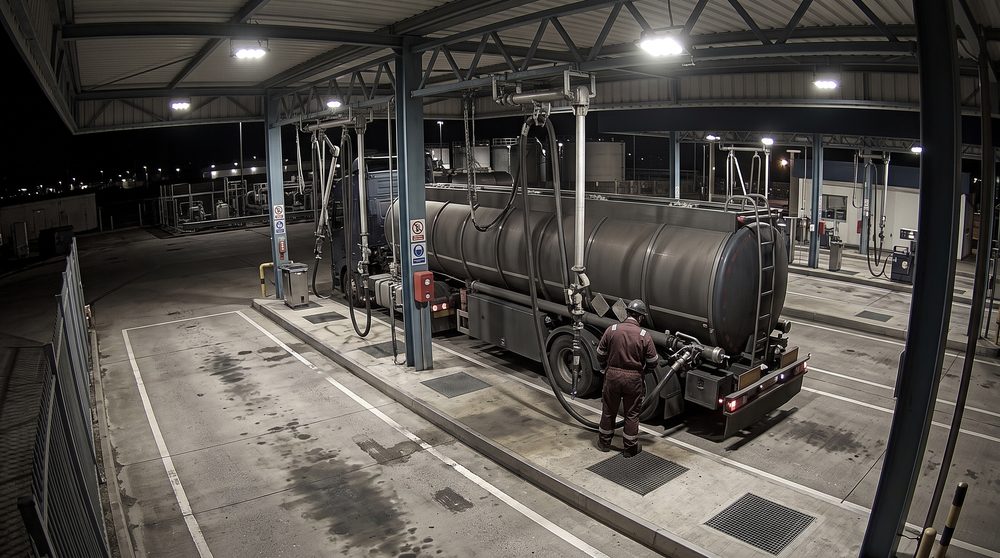 Tanker truck in a loading rack bay at night with the driver at the loading arm