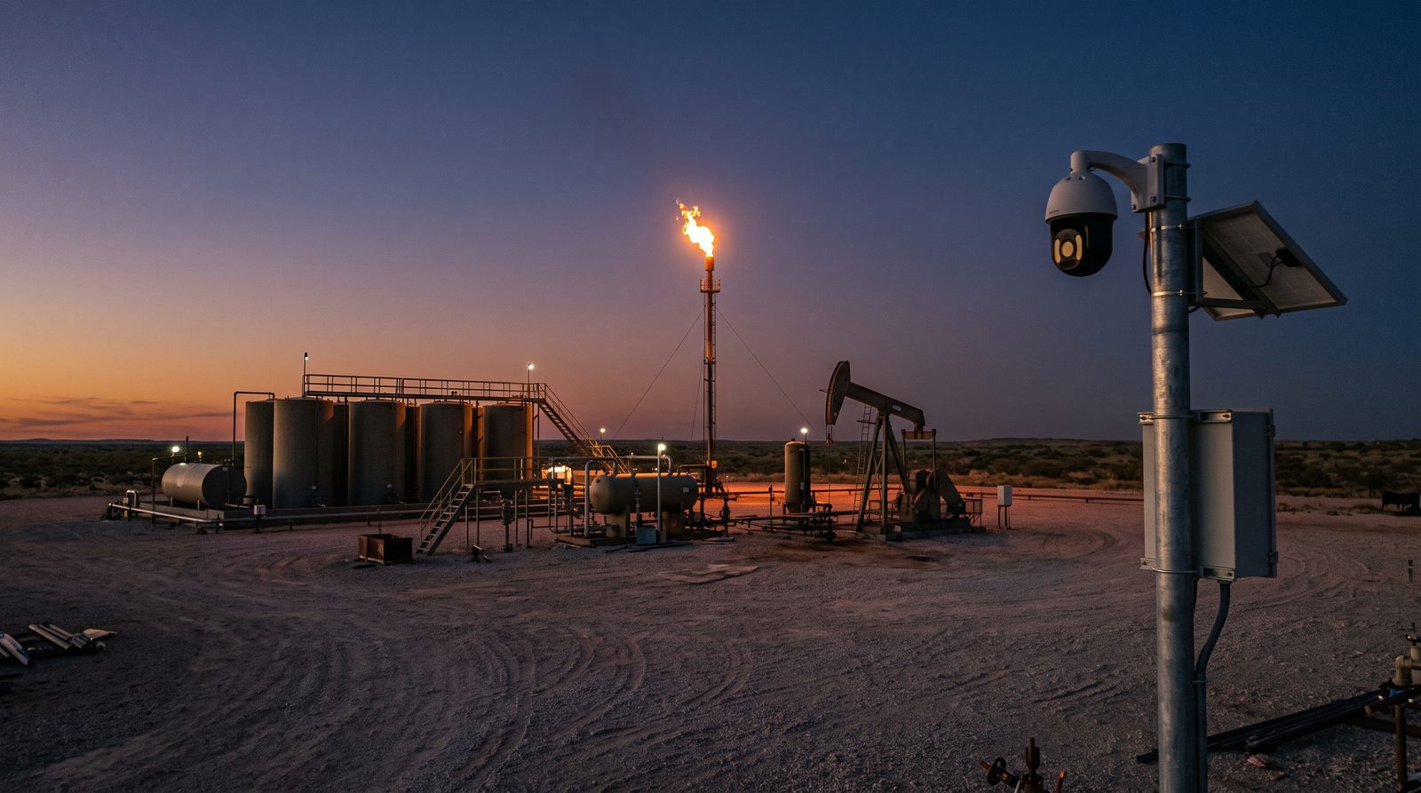 A well pad at dusk with a lit flare stack, tank battery and pumpjack, watched by a PTZ camera on a solar-powered mast