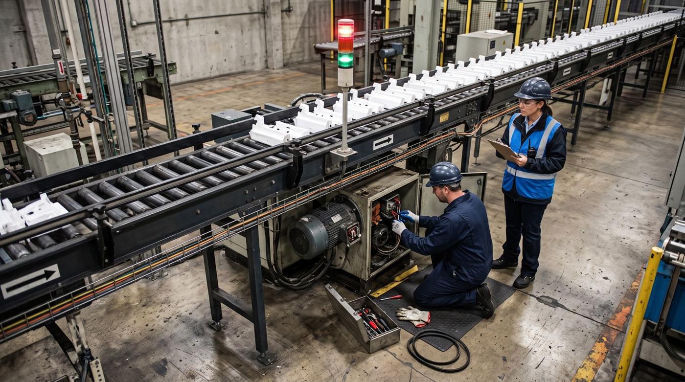 A technician repairing a stopped conveyor motor while a supervisor watches