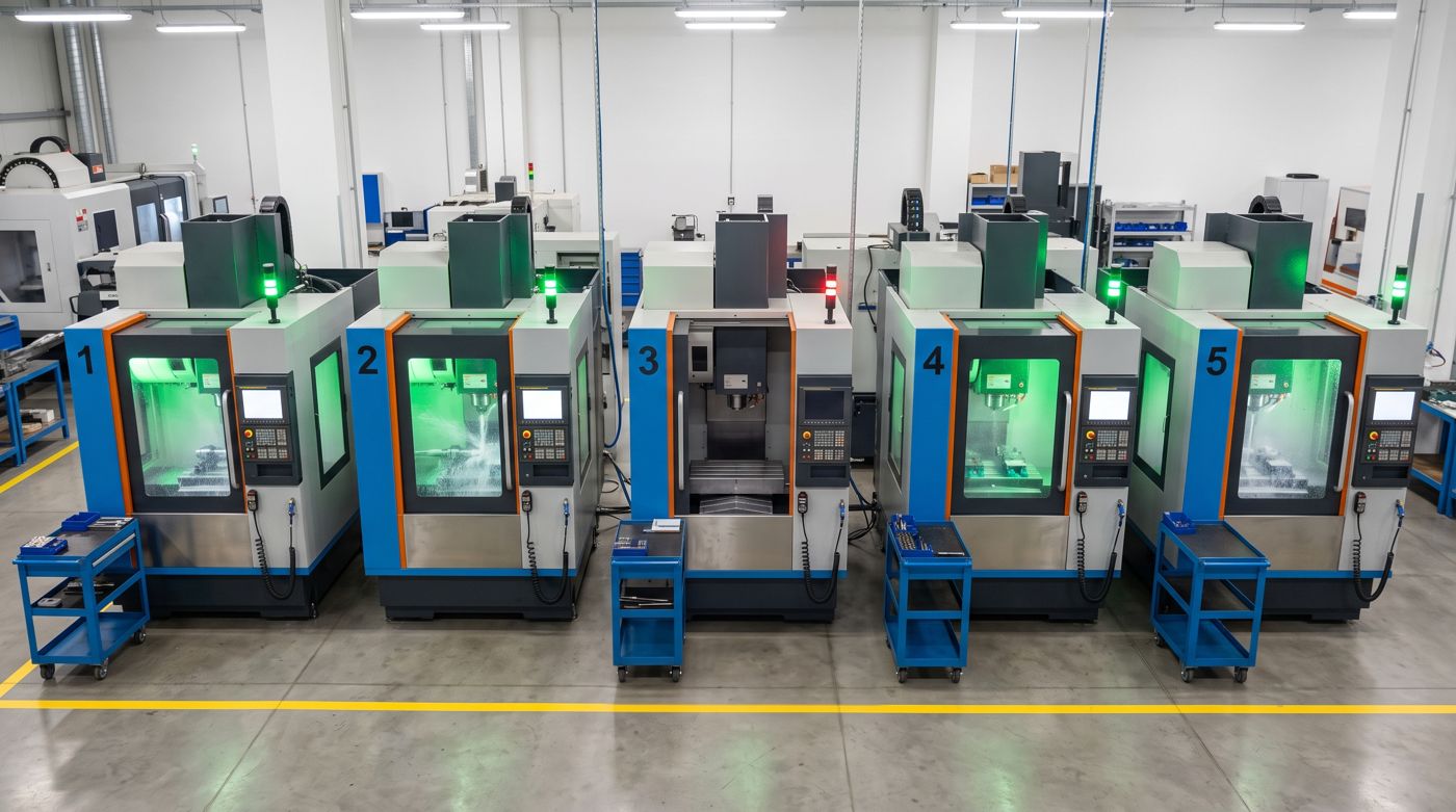 Five identical CNC machining centers in a row; machine 3 has a red stack light and its door open
