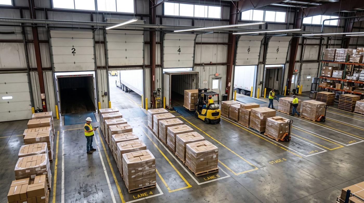 Shipping dock with trailers at open doors and pallets staged in marked lanes