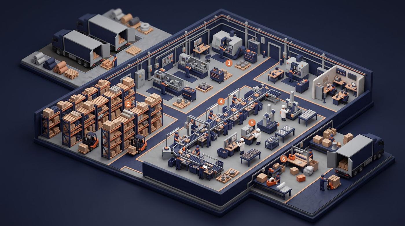 Isometric cutaway of a manufacturing facility with receiving, storage, production lines, staging and shipping areas