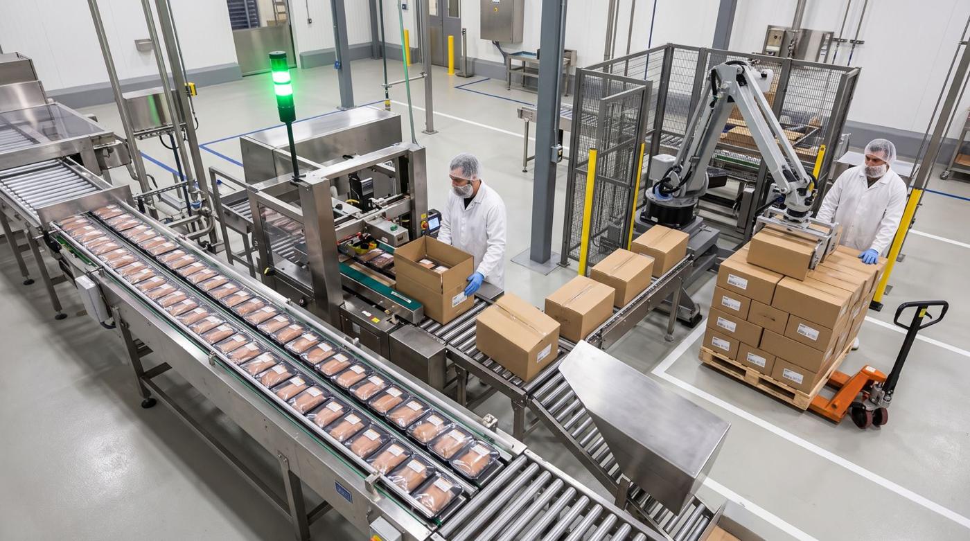 A food packaging line with trays moving into a case packer and workers in white coats