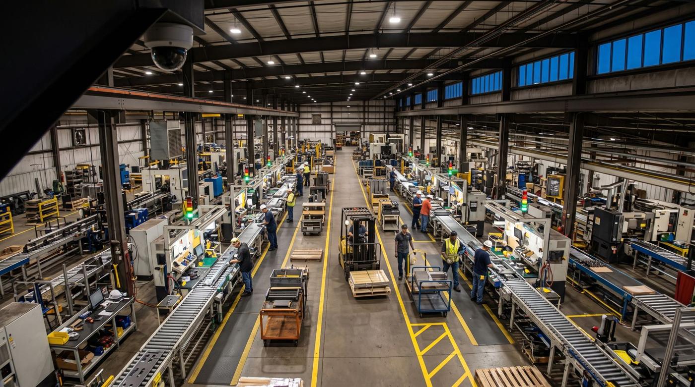 A large production floor seen from a corner camera, with assembly lines, workers at stations and a forklift in the main aisle