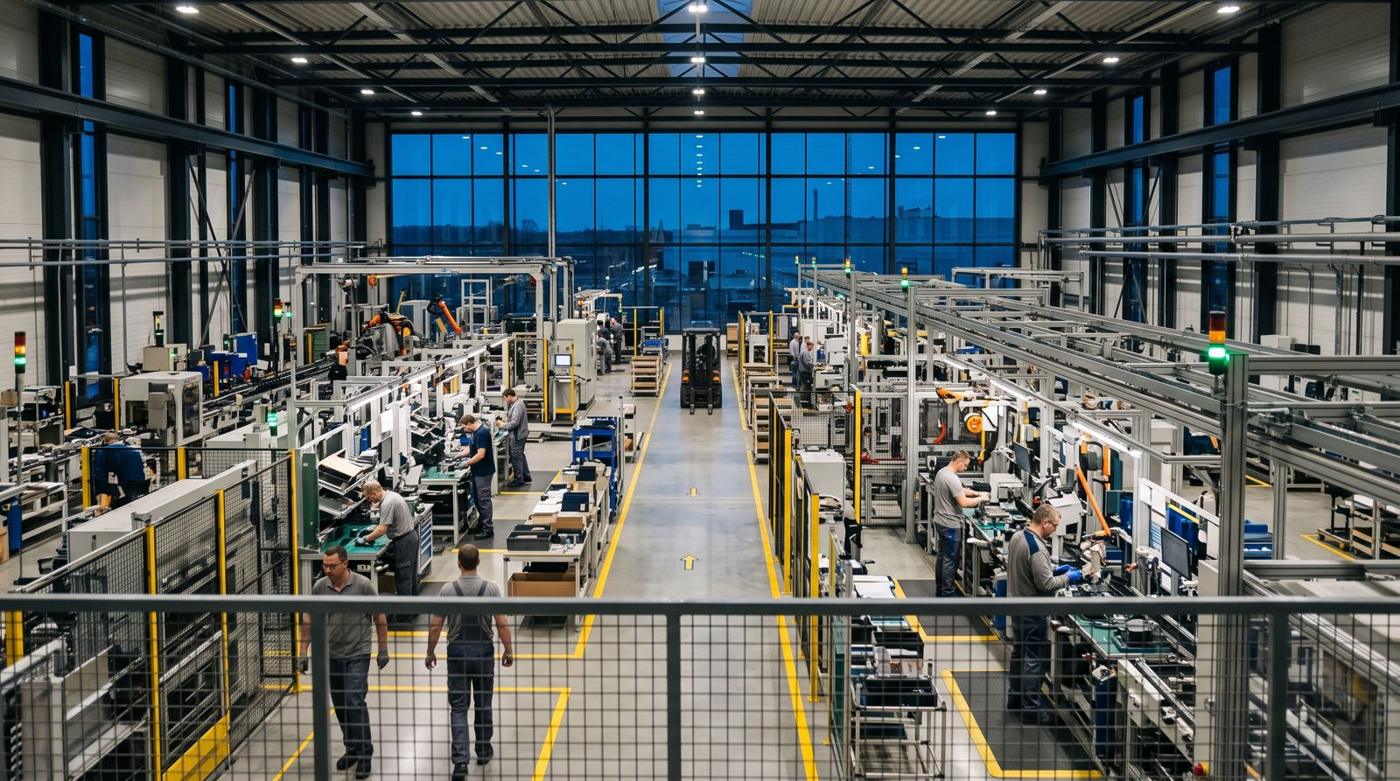 Workers at assembly stations seen from a mezzanine