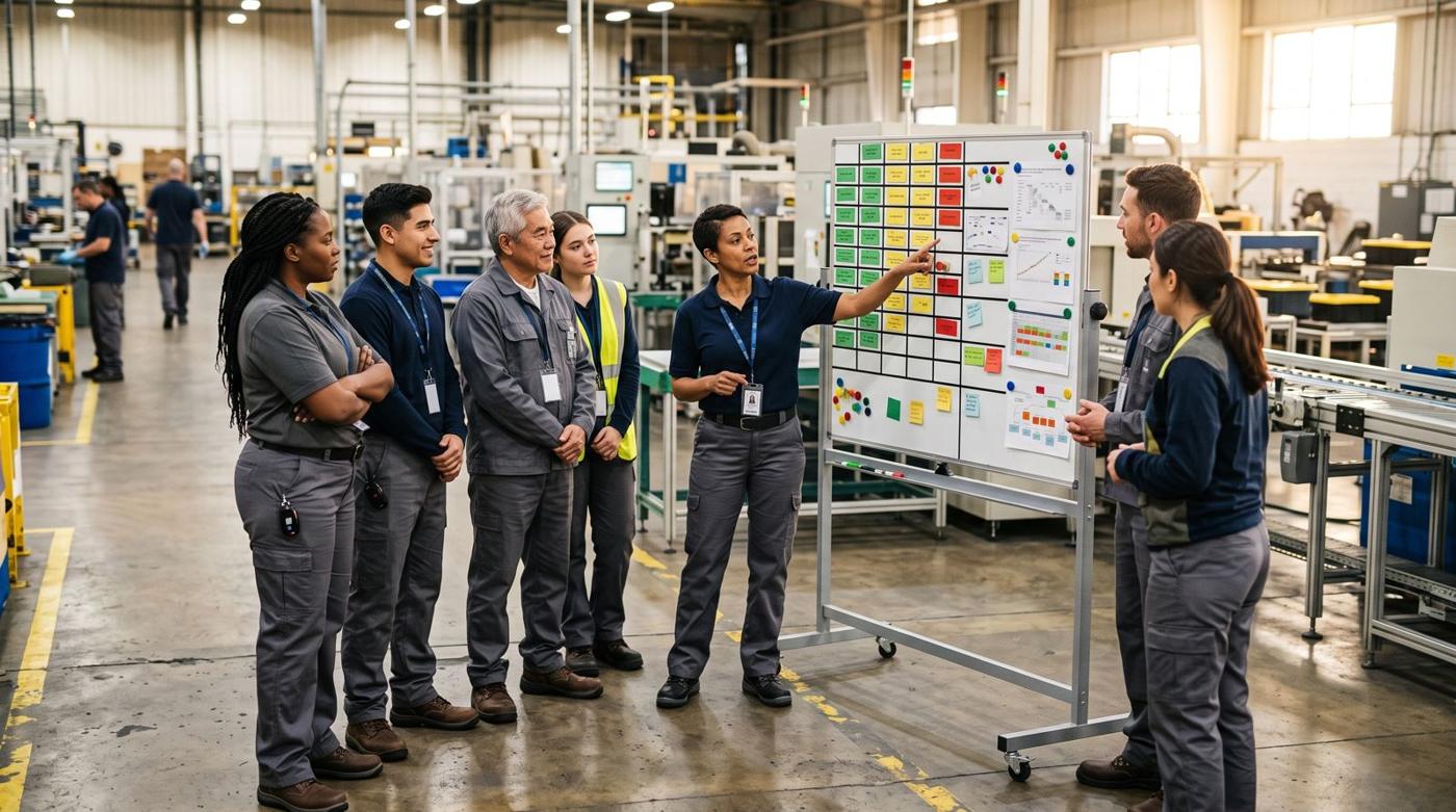 A supervisor and operators at a start-of-shift huddle around a tier board on the factory floor