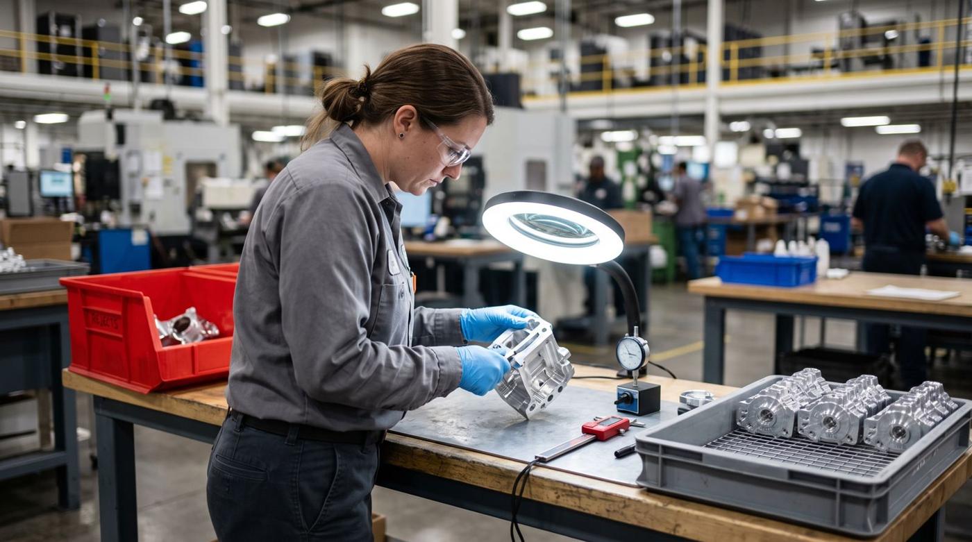 An inspector checking a machined part under a ring light