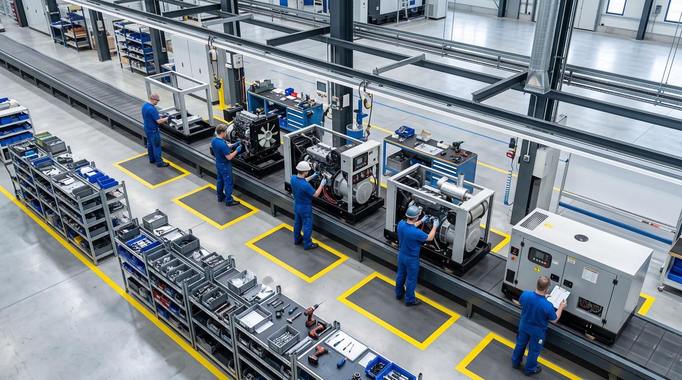Overhead view of a generator assembly line with five stations, each unit at a later stage of assembly