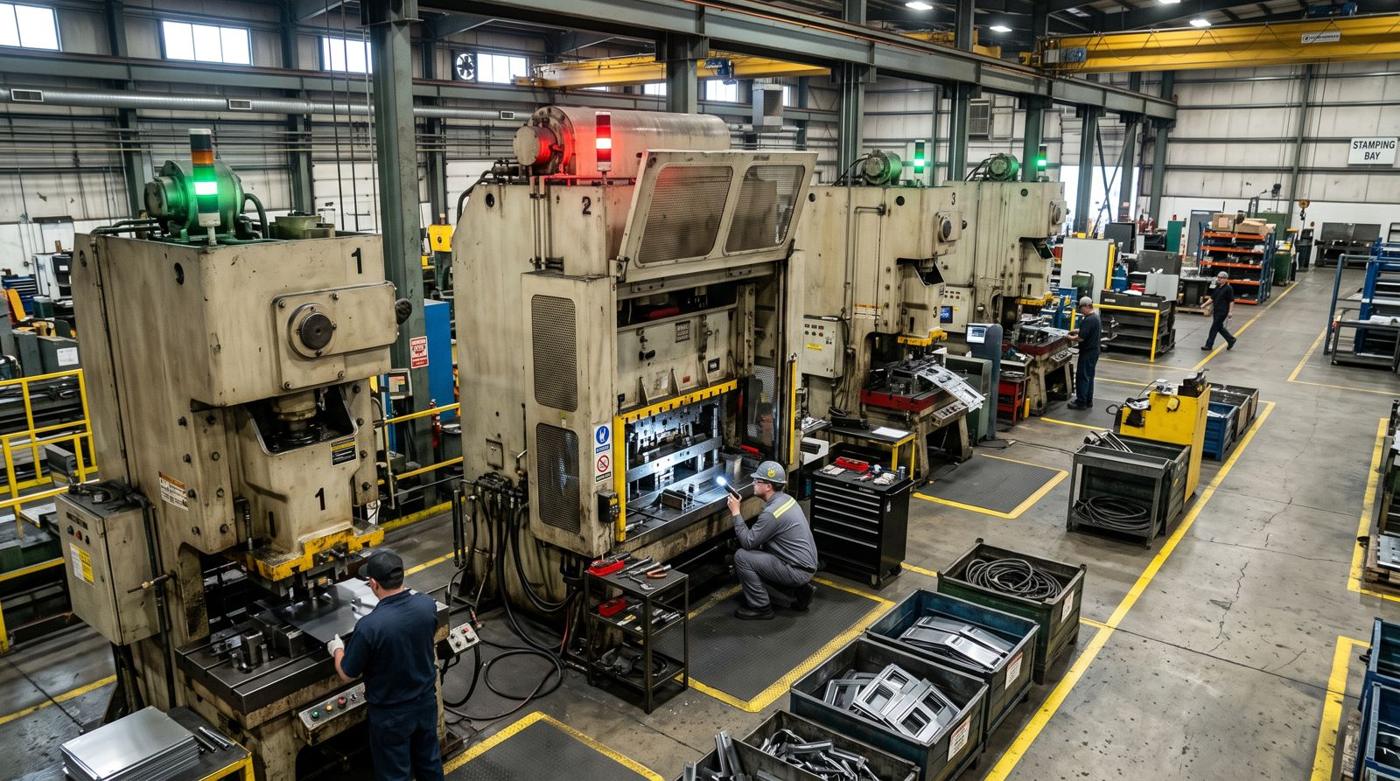 A line of stamping presses; one is stopped with a red stack light and a technician inside