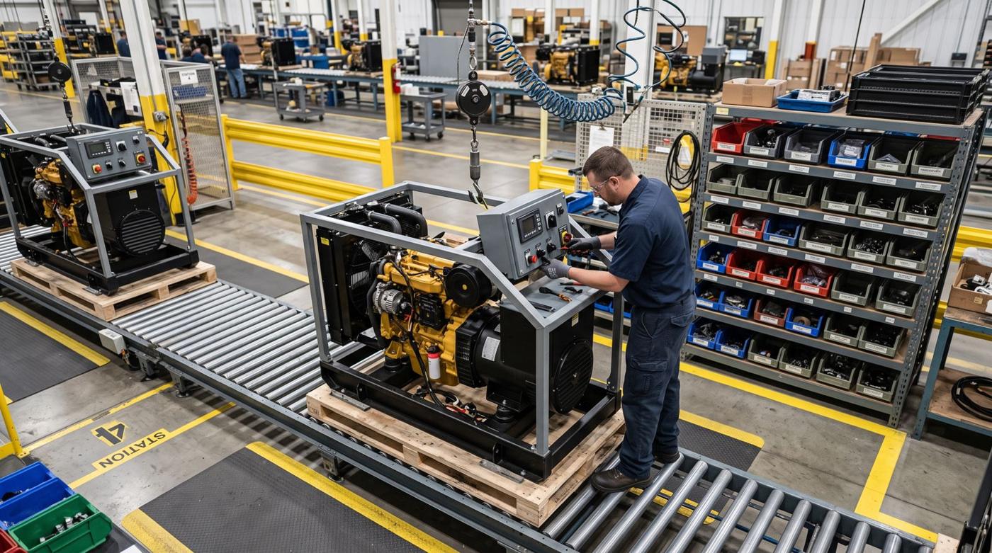 Station 4 on a generator assembly line: an operator fits the control panel onto a generator set on a conveyor pallet, next to a rack of parts bins