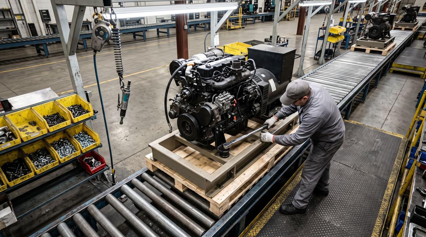 A worker fastening engine mounts on a generator set on a roller conveyor