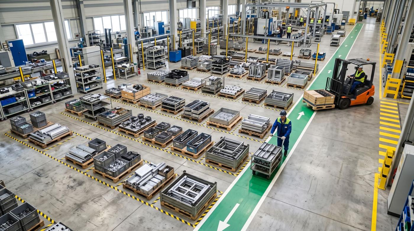 WIP staging area with pallets in floor-marked squares and a forklift